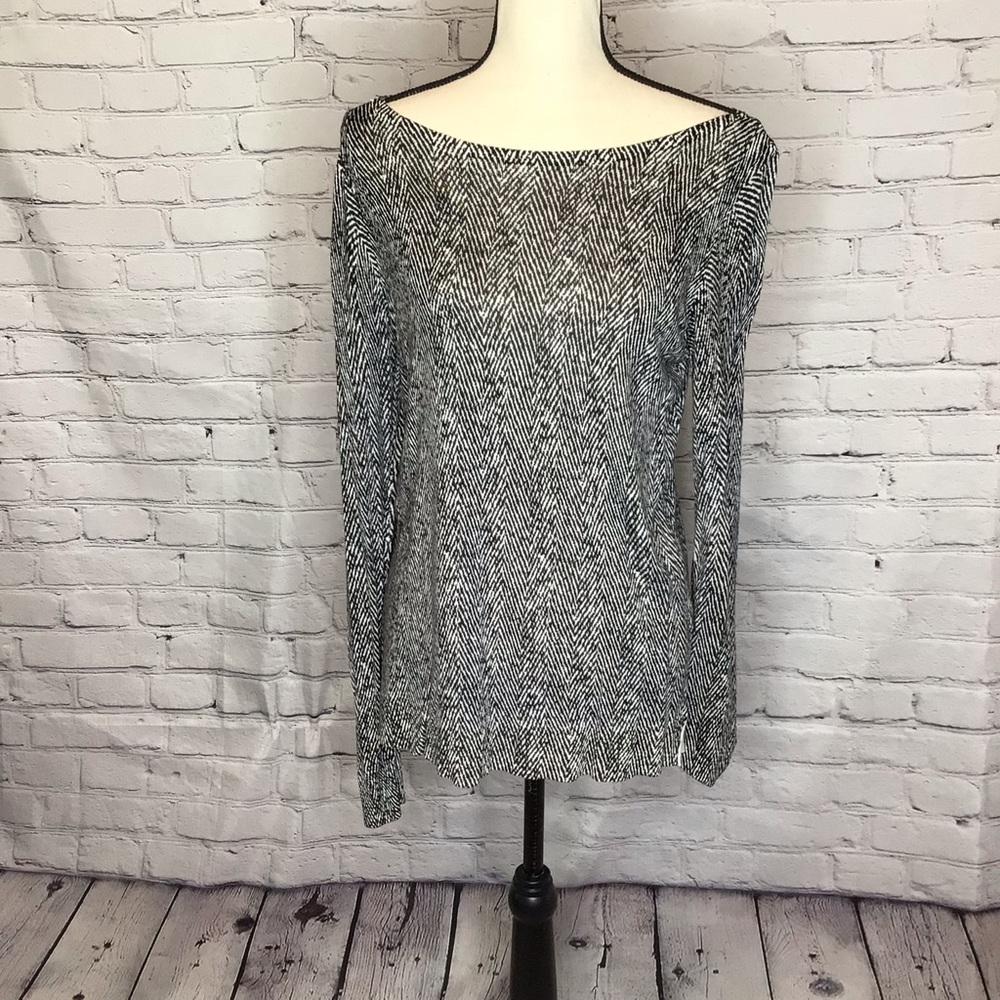 White House Black Market Black White Print Lightweight Boatneck Sweater Large
